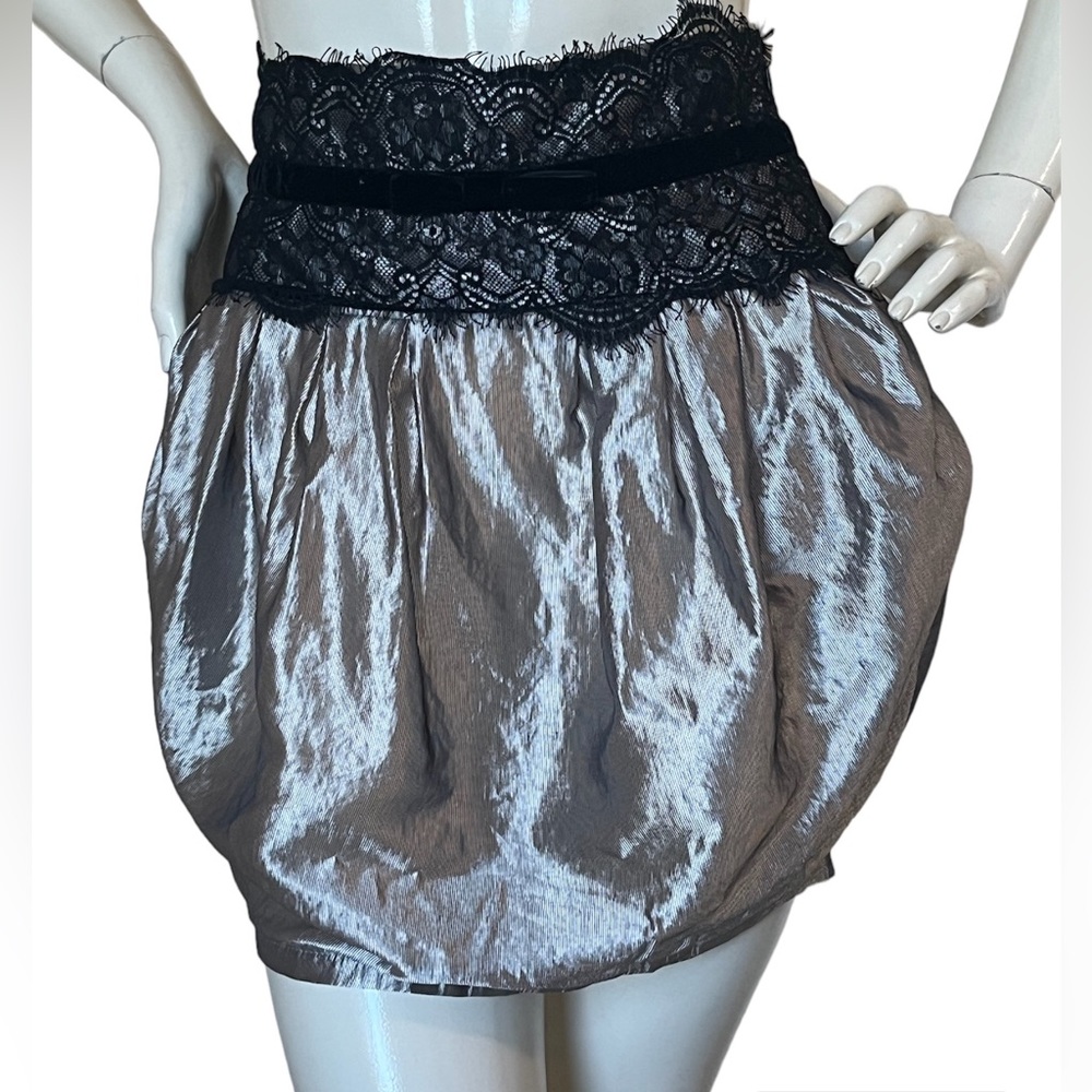 Lipsy Metallic Silver with Velvet Black and Lace Bubble Mini Skirt XS
